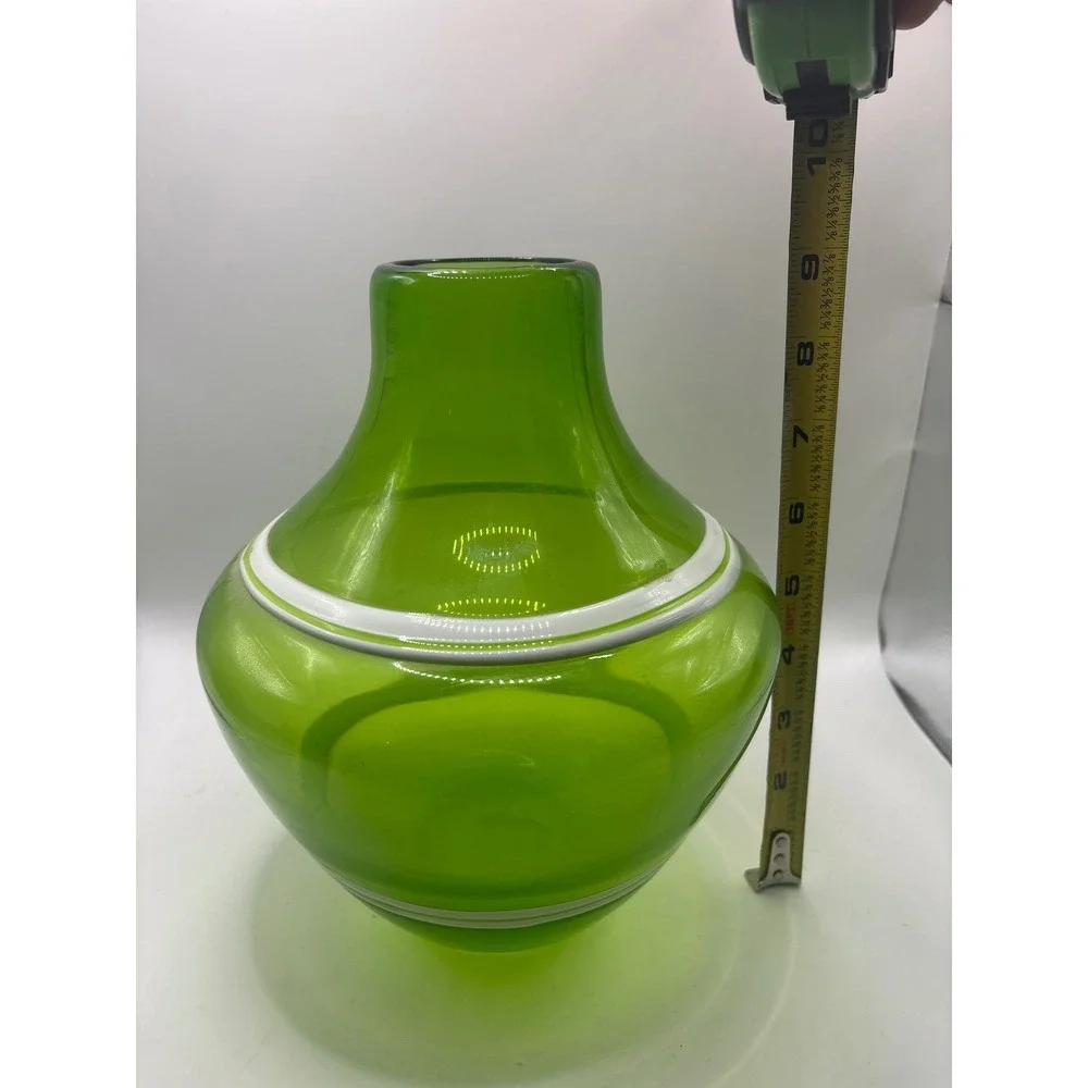 Mid Century Modern Green Art Glass Vase with White Stripes Hand Blown Decor